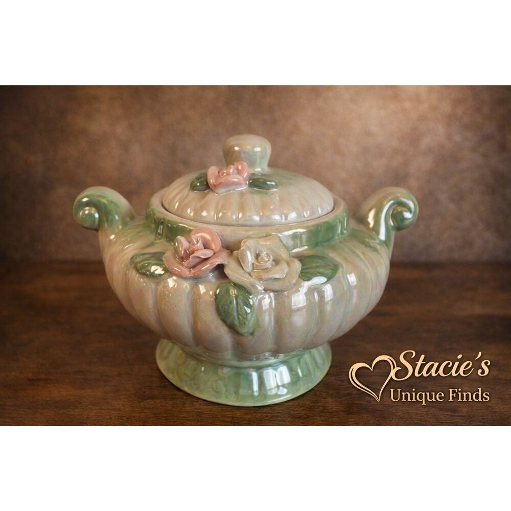Vintage Iridescent Ceramic Sugar Bowl Floral Roses Lid Handles